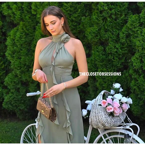 💚 ZARA Halter Neck Midi Dress NWT | Sea Green Ruffle Floral Detail M/L - Picture 7 of 16